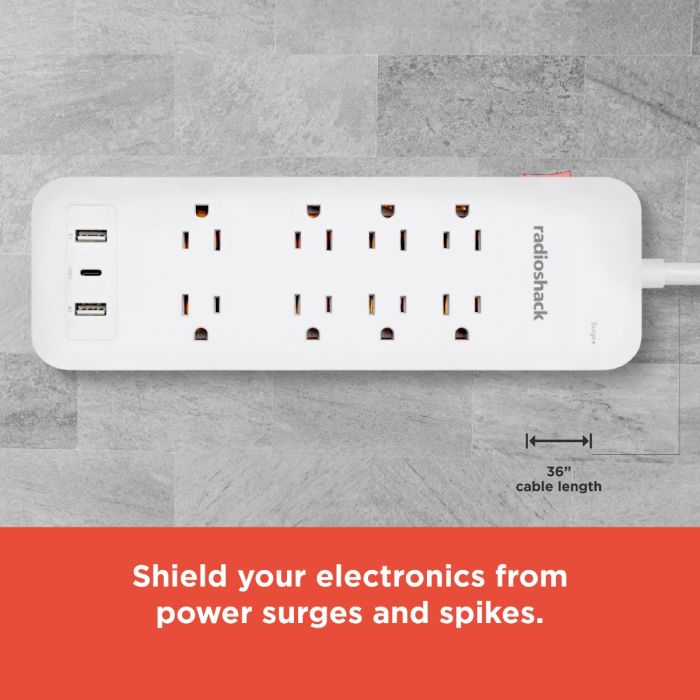 RadioShack 8 Outlet Power Strip + 2 USB ports + 1 USB-C ports with 2450J protection 6100856