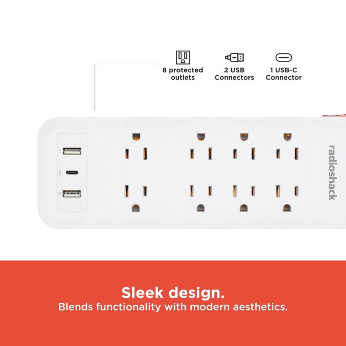 RadioShack 8 Outlet Power Strip + 2 USB ports + 1 USB-C ports with 2450J protection 6100856
